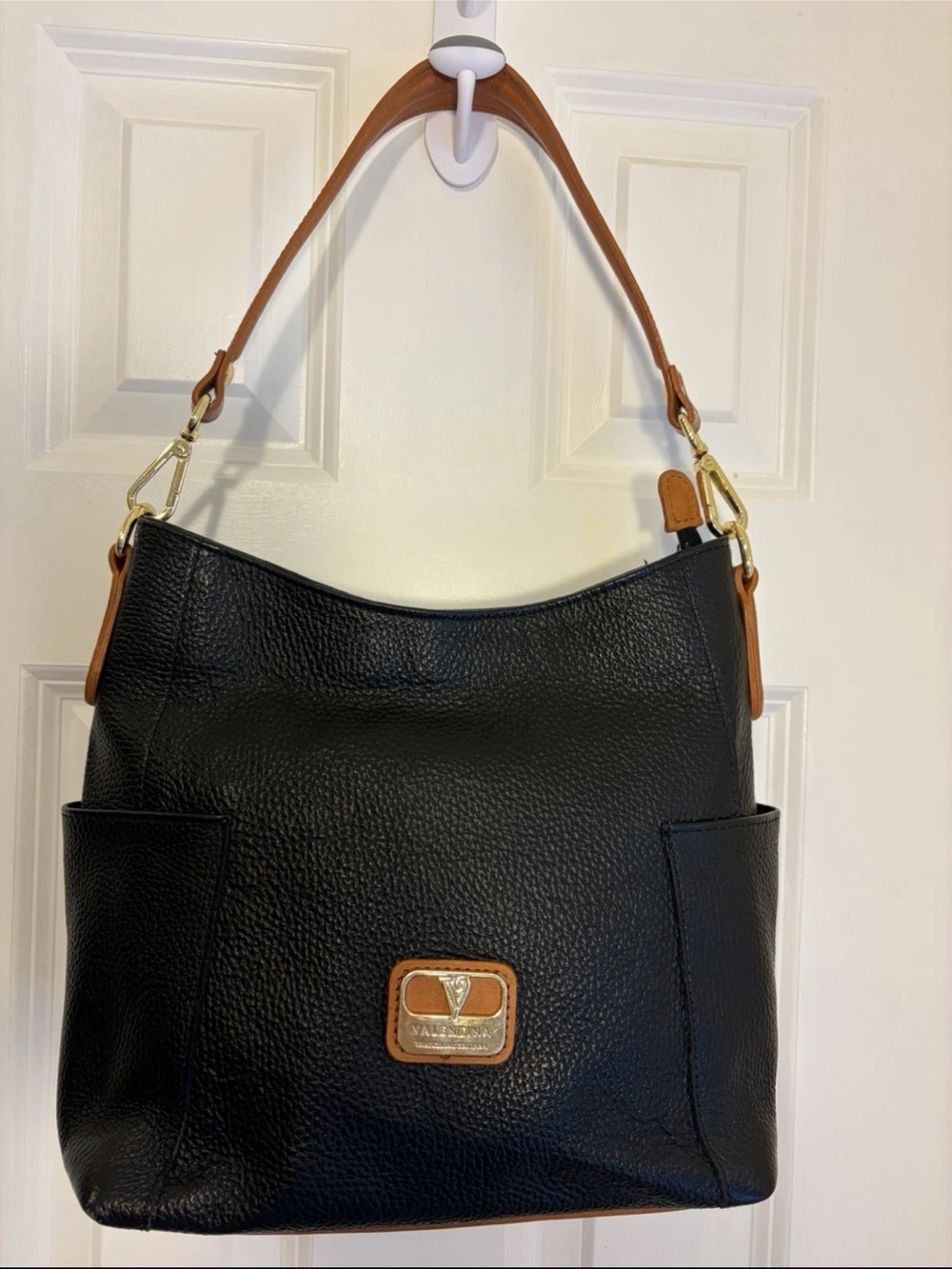 Italian Genuine Leather Valentina Black Hobo Shoulder Bag Cognac Trim